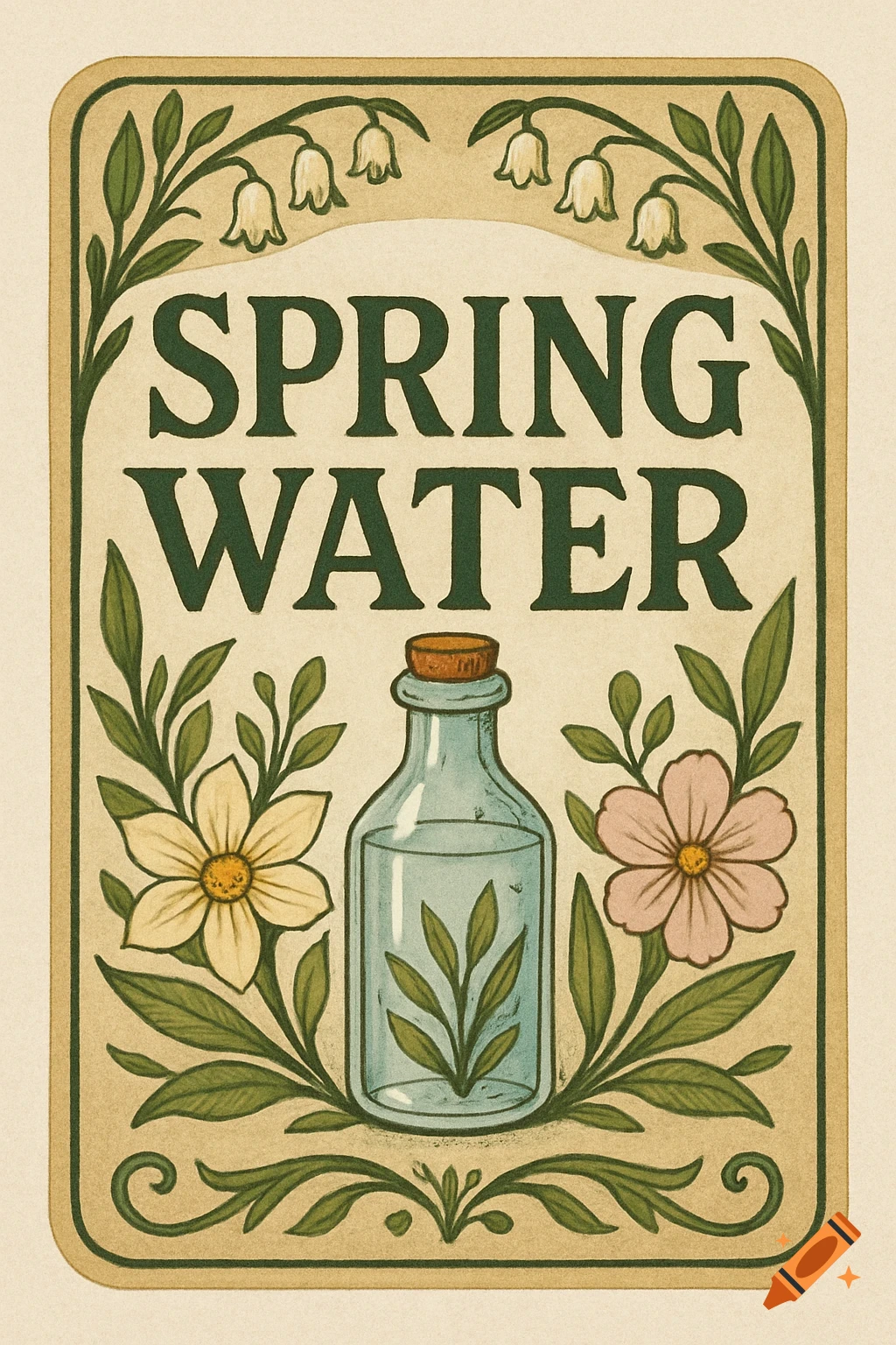 A vintage-style botanical illustration of a 'SPRING WATER' label featuring a bottle with leaves, flowers, and foliage.