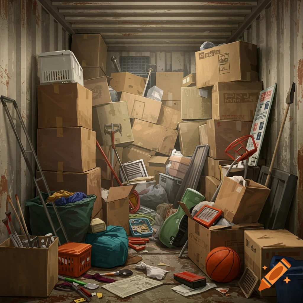A cluttered storage container filled to the brim with cardboard boxes, various household items, and sports equipment.