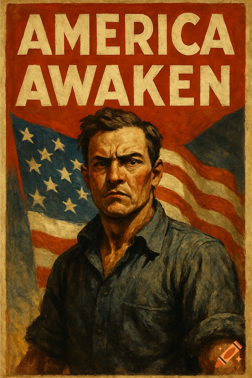A serious man in a blue shirt stands before a distressed American flag with 'AMERICA AWAKEN' text above, in a vintage propaganda poster style.
