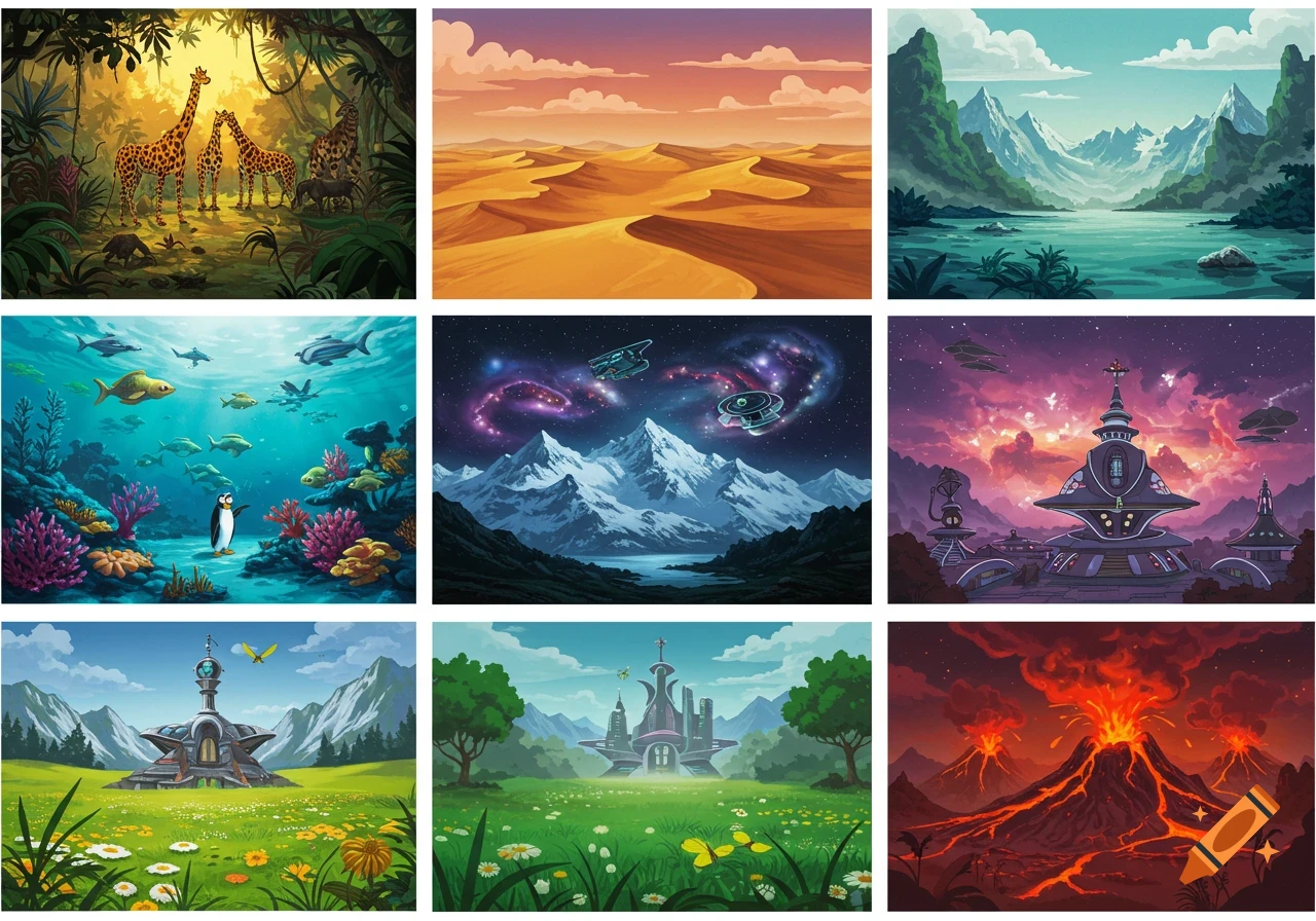 A grid of nine stylized cartoon landscape illustrations including a jungle, desert, mountains, underwater scene, space with mountains and UFOs, futuristic cities, and erupting volcanoes.