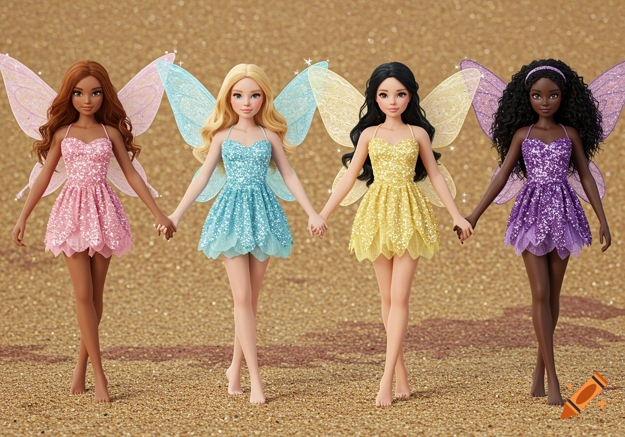 silicone sex dolls factory Four diverse fairy dolls in pink, blue, yellow, and purple sparkly dresses  with matching wings, holding hands on a sandy ground. on Craiyon