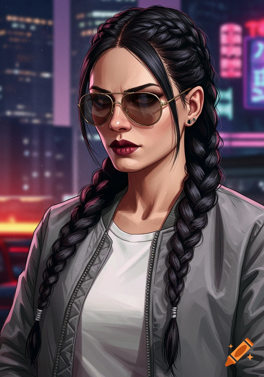 A digitally illustrated woman with long black braids, sunglasses, a grey jacket, and a white shirt against a neon-lit city background.