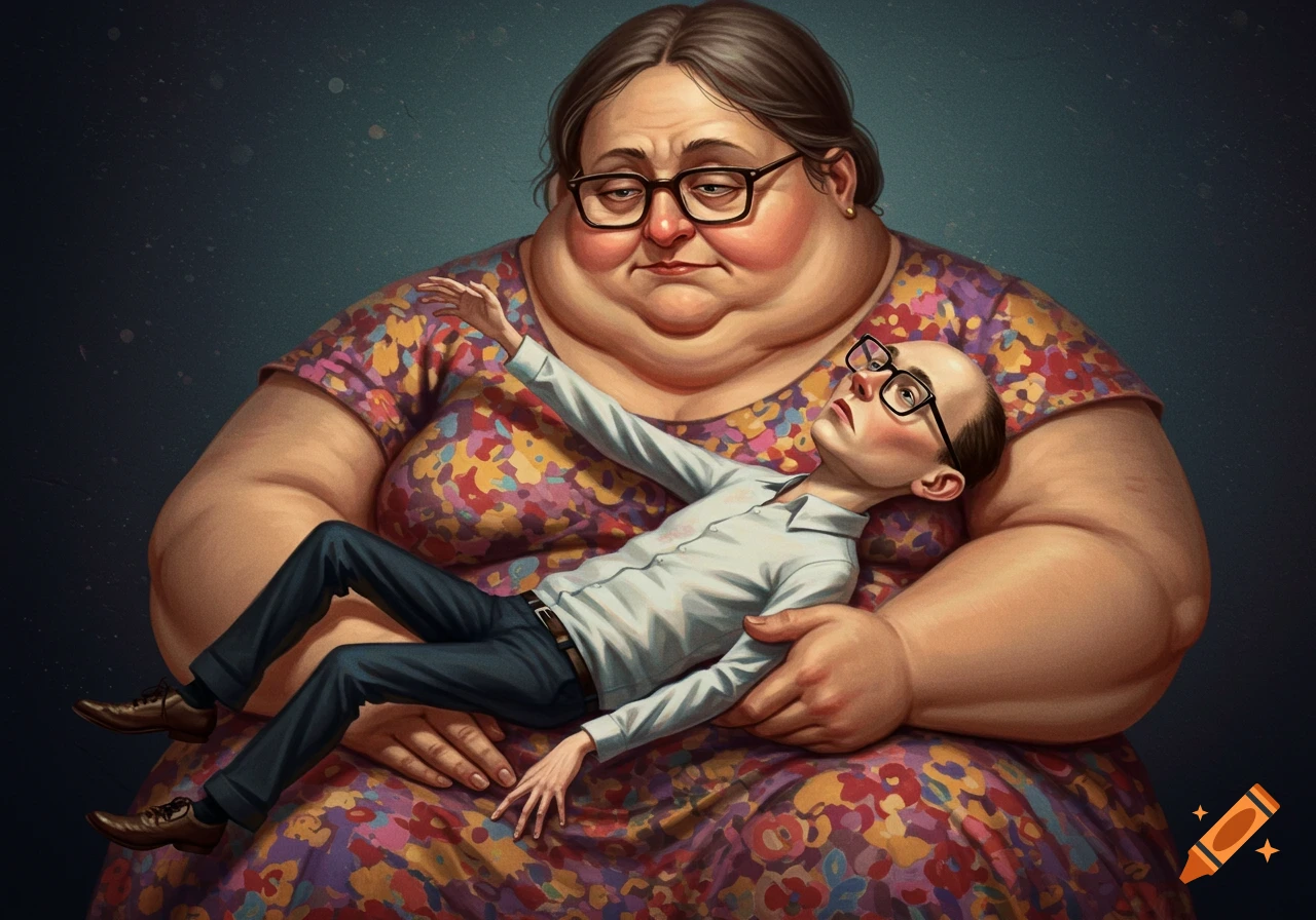 A large, plump woman in a floral dress holds a tiny, balding man with glasses like a baby in her lap, depicted in a caricature style.