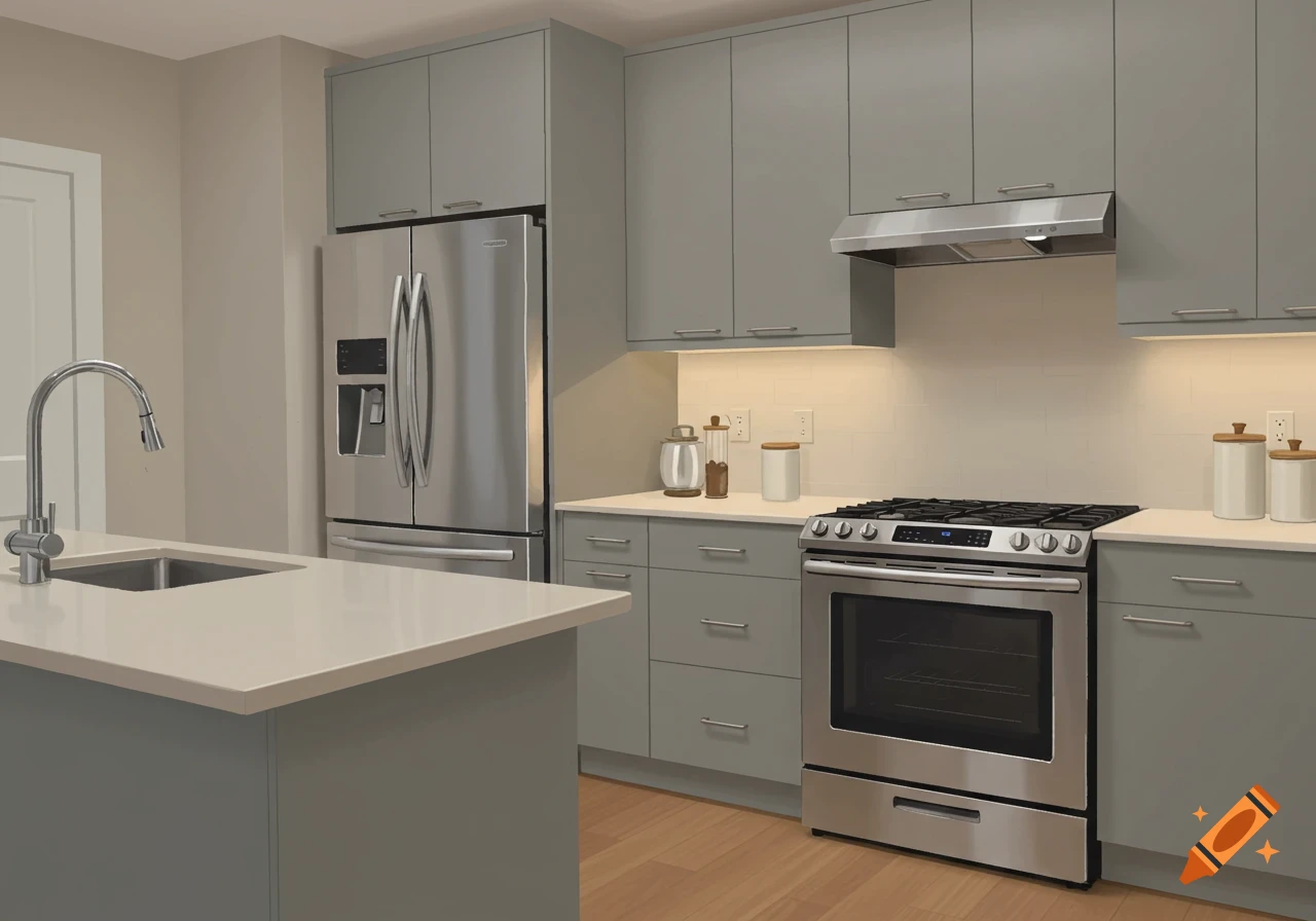 Modern kitchen with greige cabinets, stainless steel refrigerator and stove, and a central island with a sink.