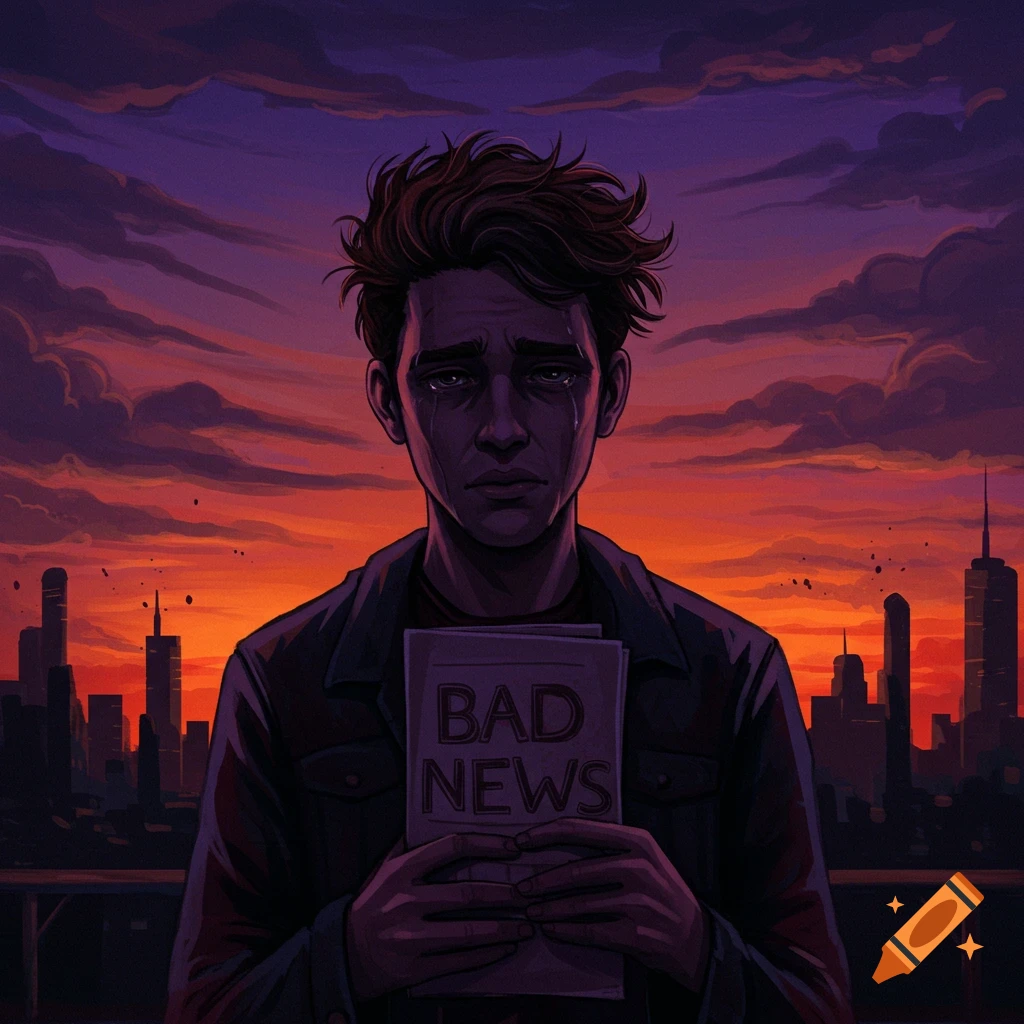 A digital illustration of a sad person holding a 'BAD NEWS' paper against a vibrant city sunset.
