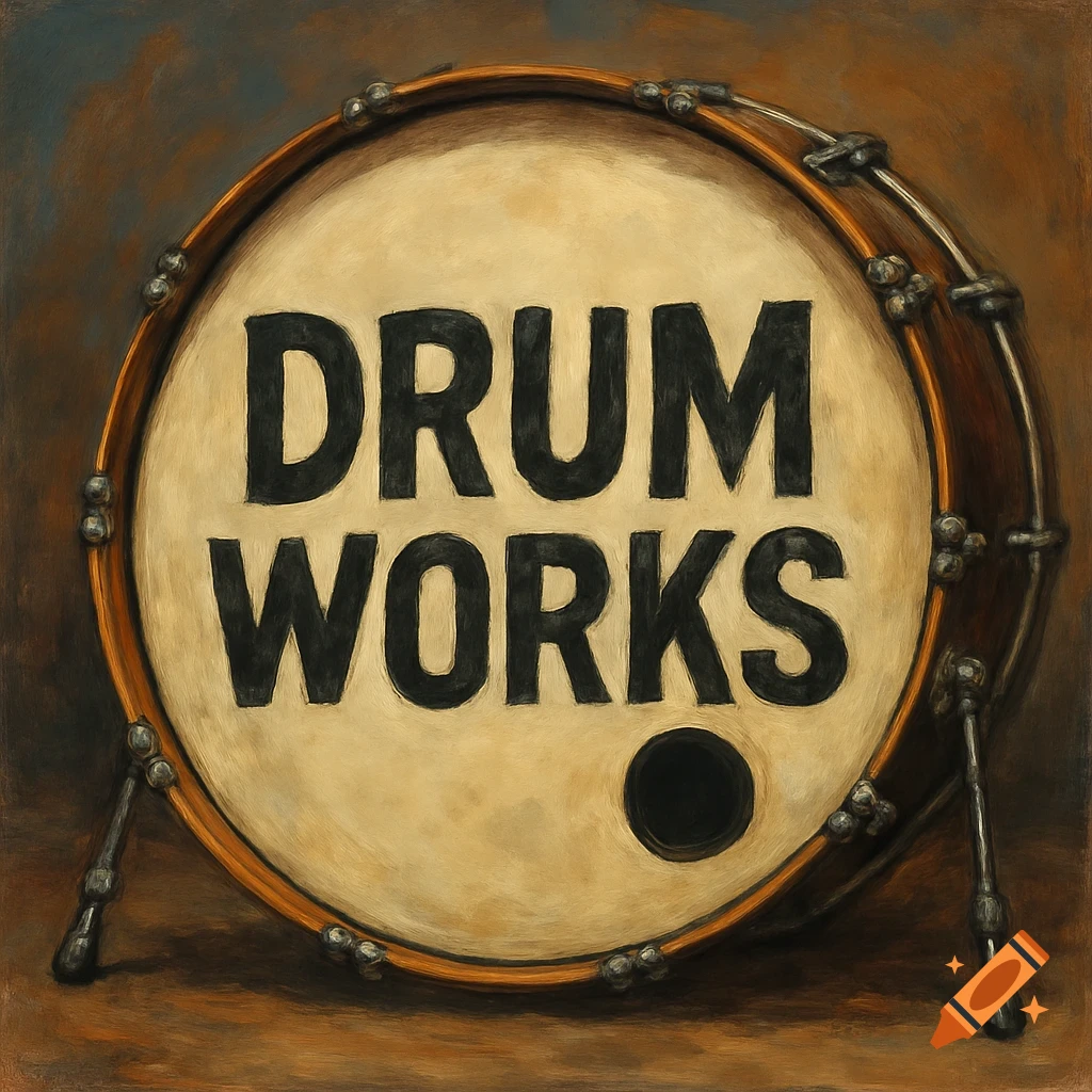 A stylized painting of a bass drum head with the black text 'DRUM WORKS' centered on it, against a dark, painterly background.