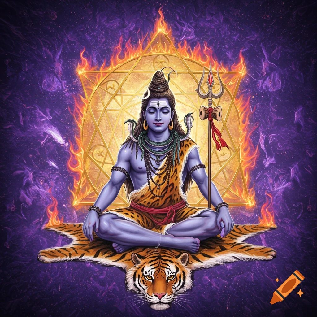 Hindu god Shiva with blue skin meditating on a tiger skin, holding a trident, surrounded by violet flames and a golden Merkabah.