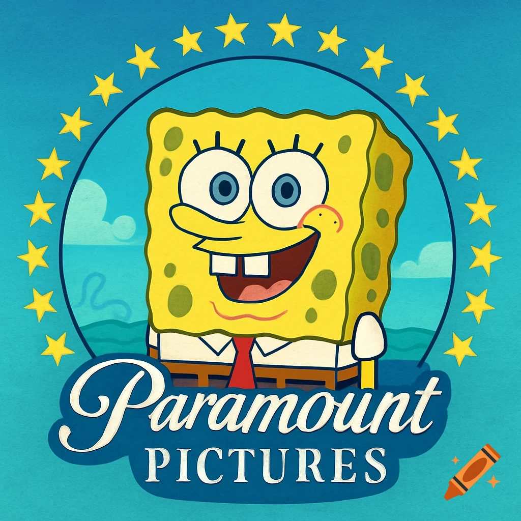 Spongebob Squarepants reimagined as the Paramount Pictures logo with a ring of stars and the text 'Paramount Pictures'.