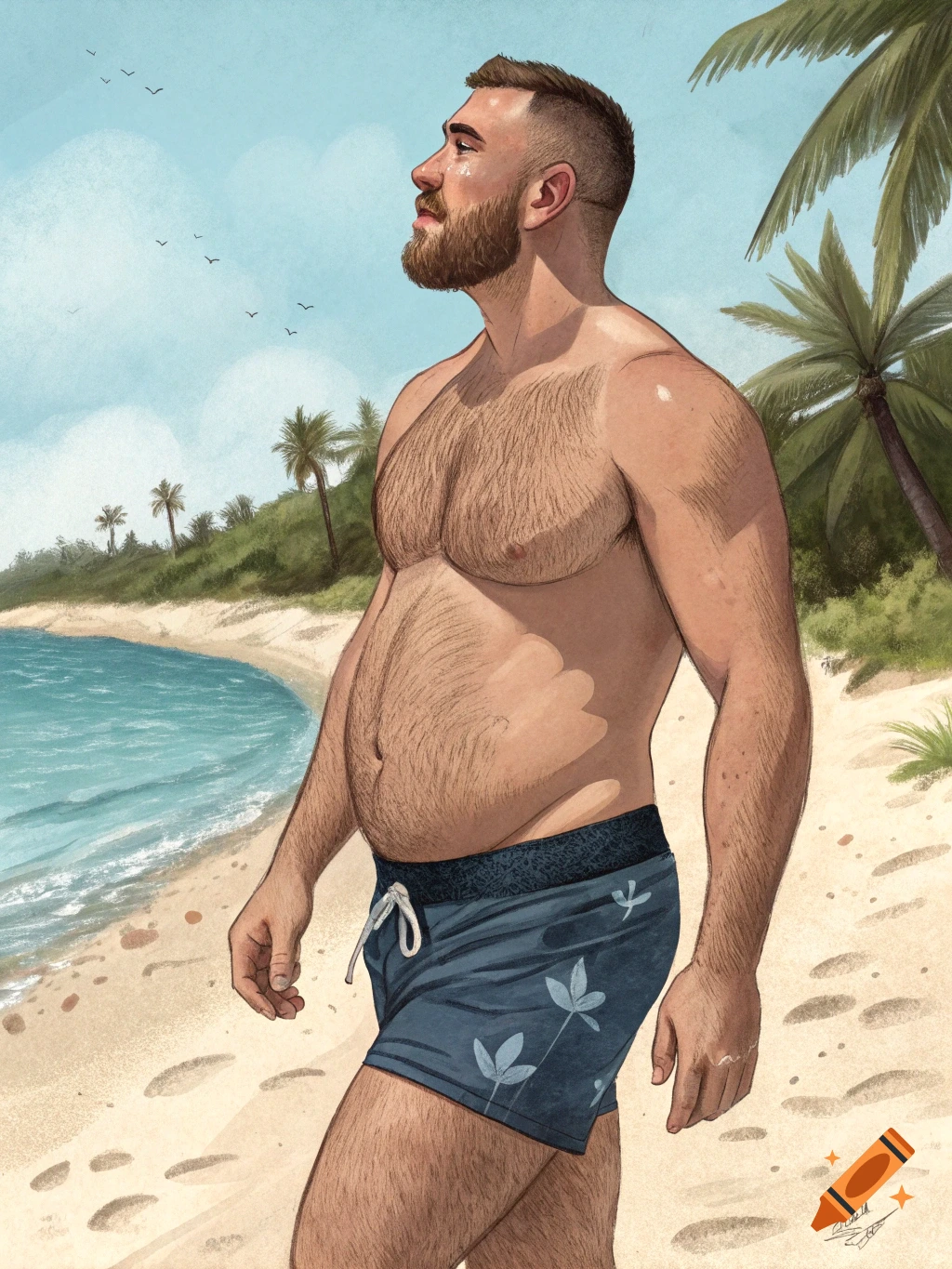 An illustrated man with a beard and swim shorts stands on a tropical beach, looking towards the sky.