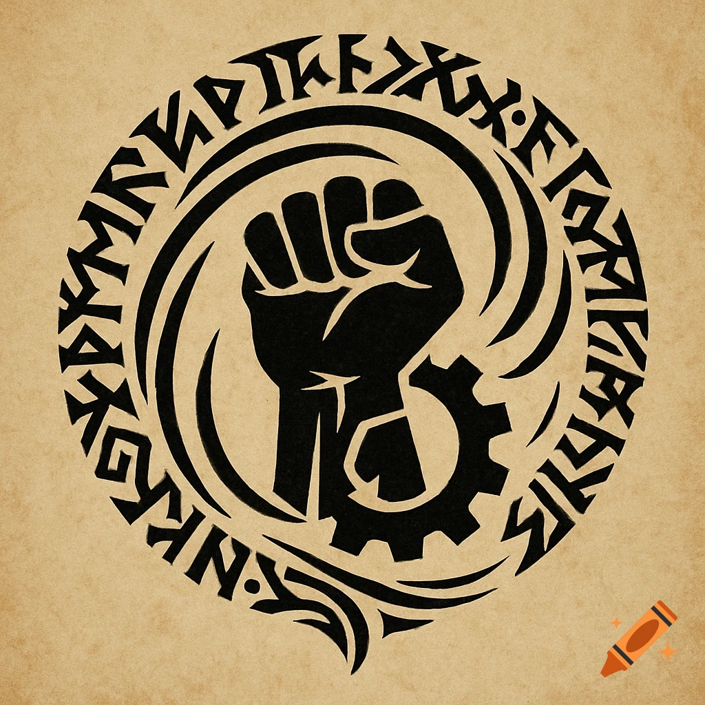 Black tribal design of a raised fist clutching a broken gear, encircled by swirling runic script on a parchment-textured background.