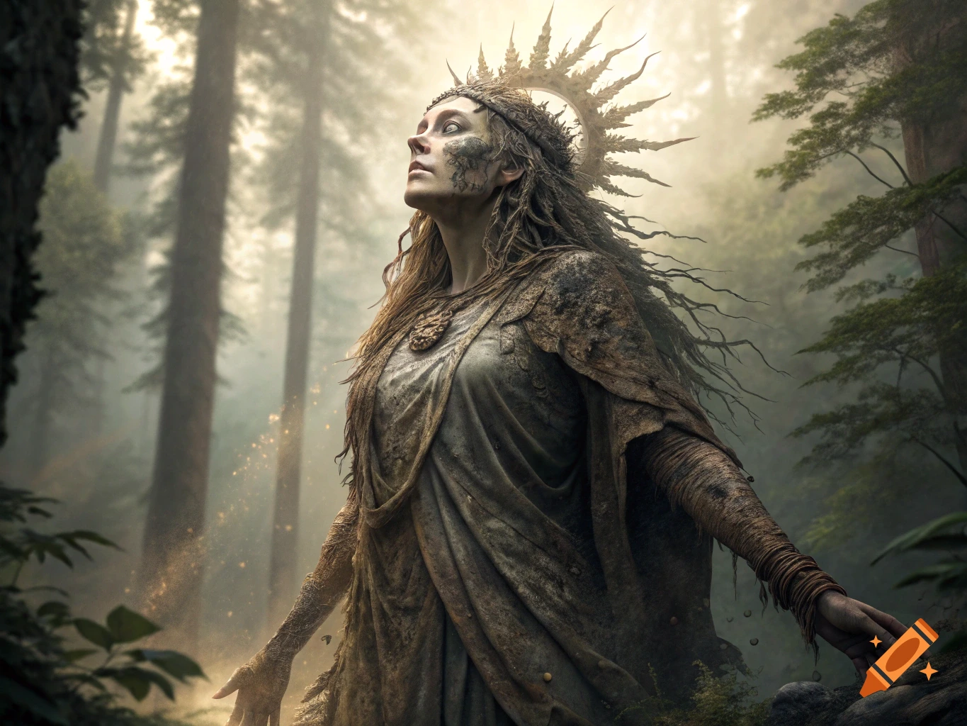 A mystical muddy goddess with a sun halo crown looks up in a misty forest, in a photorealistic style.