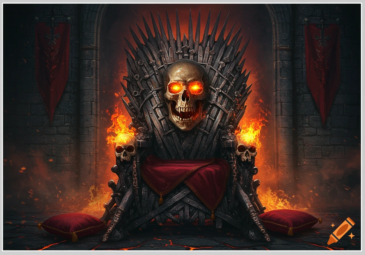 A dark gothic throne made of twisted metal and blades with a central skull with glowing red eyes, flanked by fire and skulls, set in a stone castle hall.