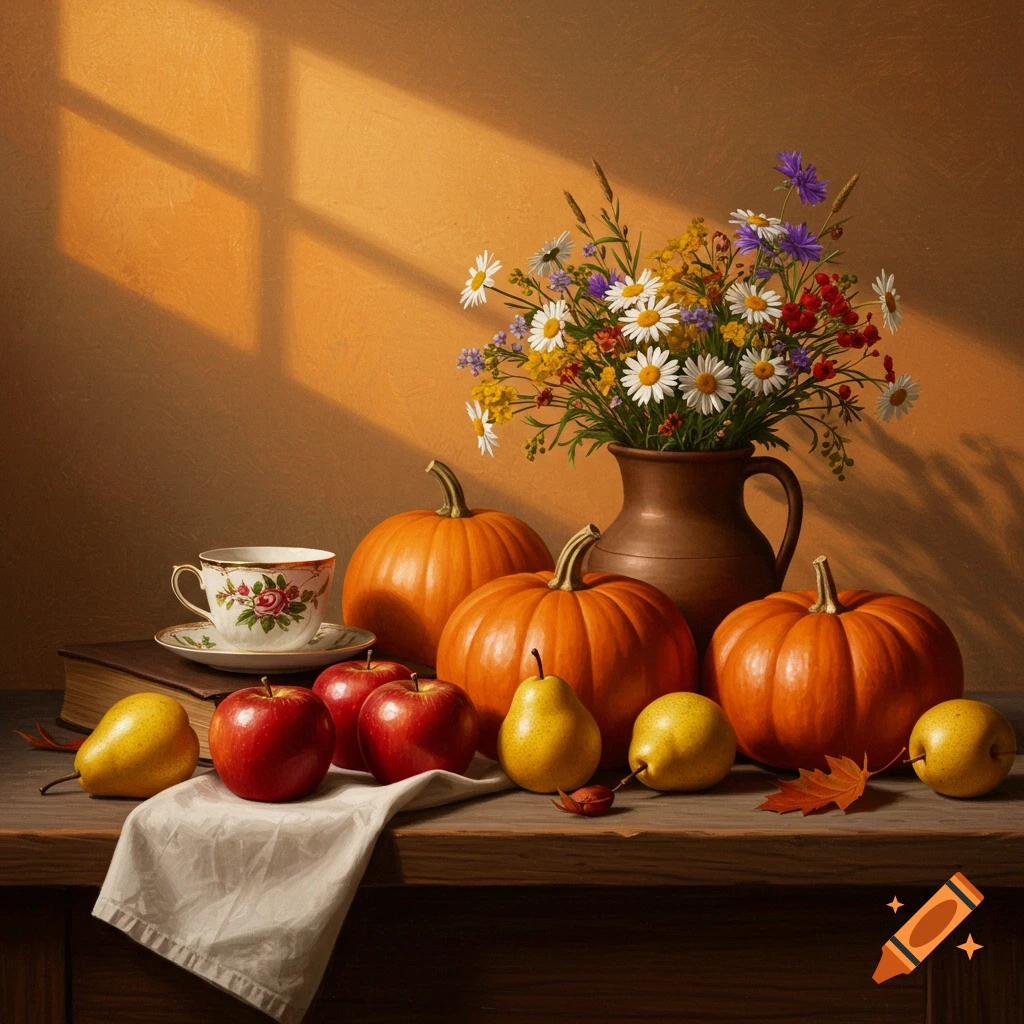 A photorealistic still life with pumpkins, apples, pears, and a teacup on a wooden table, illuminated by sunlight through a window.