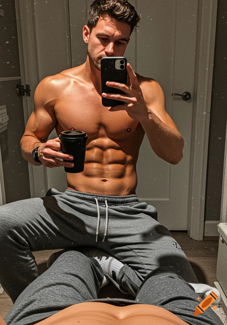 A shirtless man with visible abs takes a selfie in a mirror, holding a black coffee cup and wearing grey joggers.