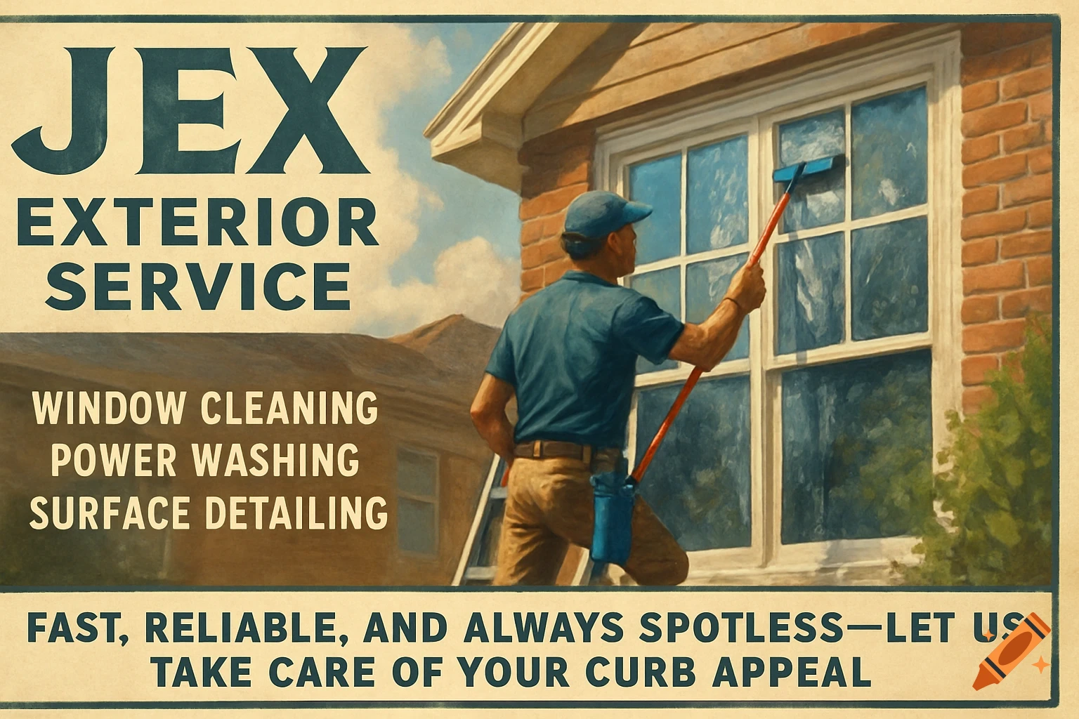 A vintage-style poster showing a man in a blue cap cleaning a window of a brick house, advertising JEX Exterior Service.