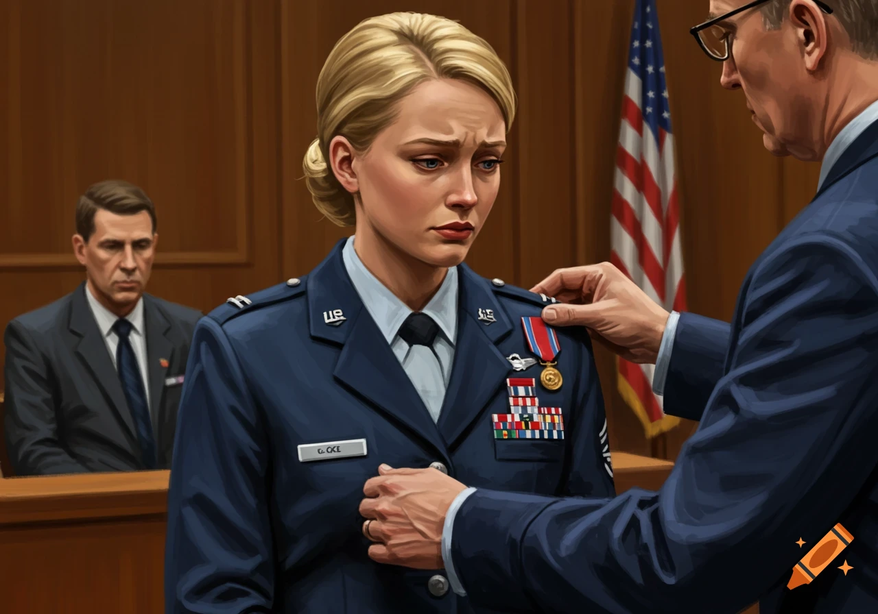 A young, crestfallen woman in an Air Force uniform has medals removed by a male officer in a courtroom, a man watches in the background.