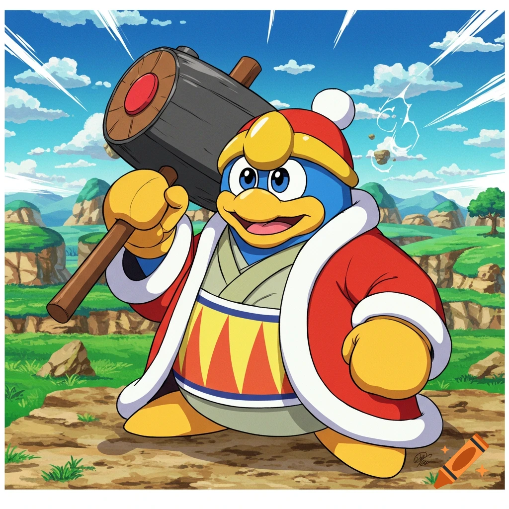 King Dedede holds a large hammer, standing in a lush, mountainous