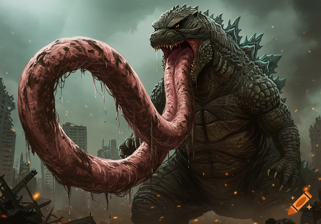 Godzilla with a long, dirty tongue sticking out in a ruined city, digital art.