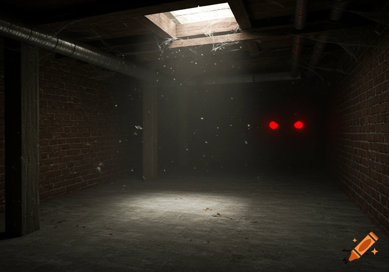 A dark, creepy basement with brick walls, a concrete floor, and light filtering from a ceiling window, revealing dust particles. Two glowing red eyes peer from the deep darkness.