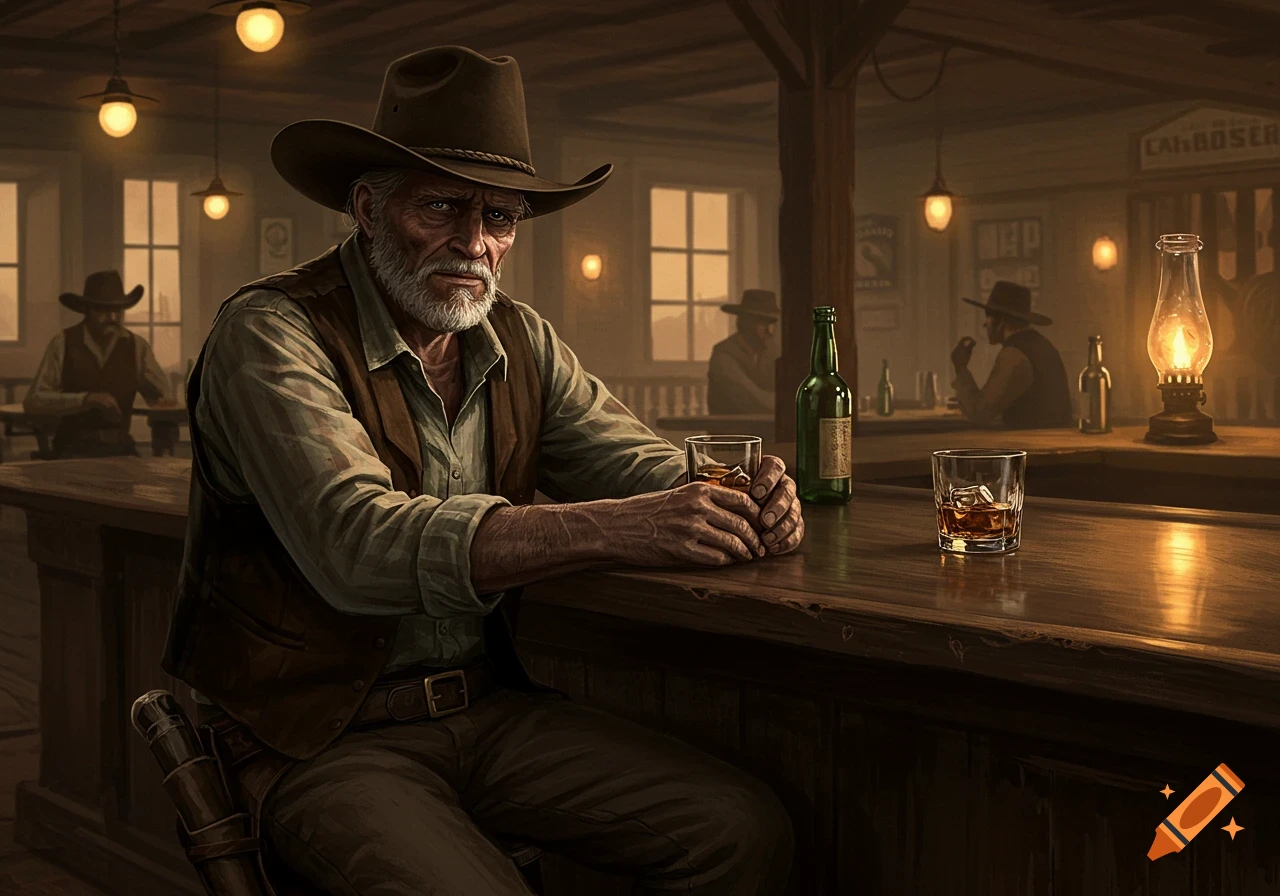 An old cowboy with a white beard sits at a wooden bar in a dimly lit saloon, holding a glass of whiskey.