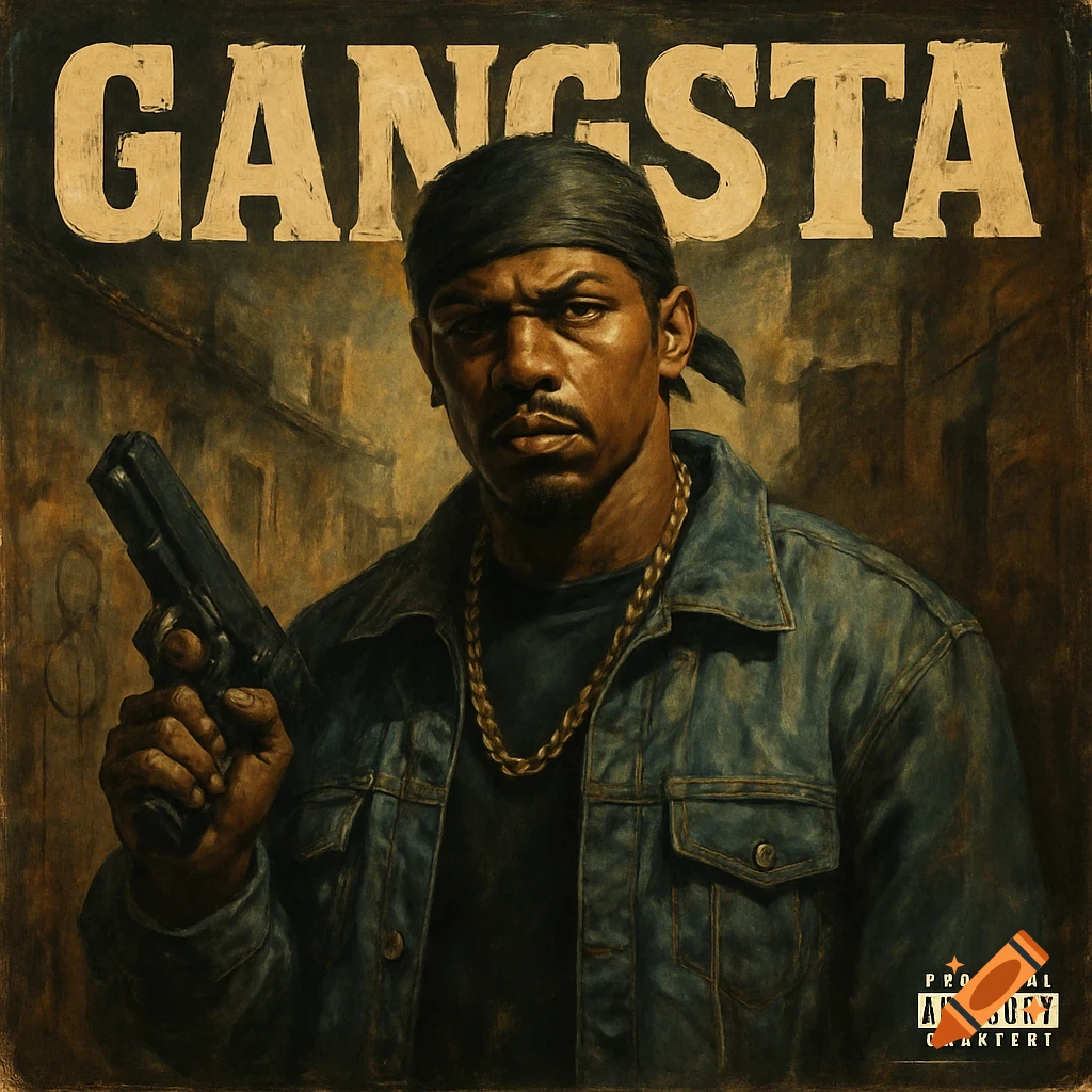 An illustration in a gritty style depicts a man in a bandana and denim jacket holding a gun, with 'GANGSTA' text above him, resembling an album cover.