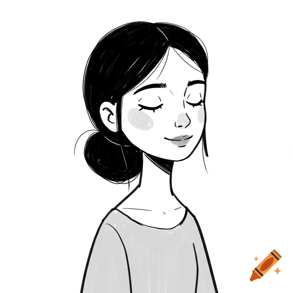 Black and white illustration in a naive loose style of a woman with her eyes closed.