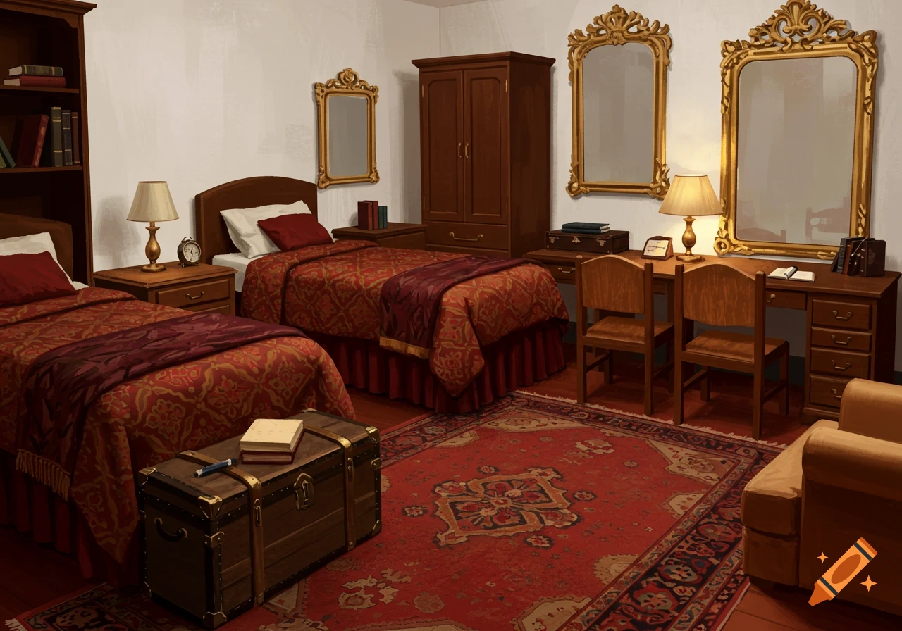 A detailed illustration of a dorm room with two beds, two desks, a red patterned carpet, burgundy bedding, gold mirrors, and antique wooden furniture.