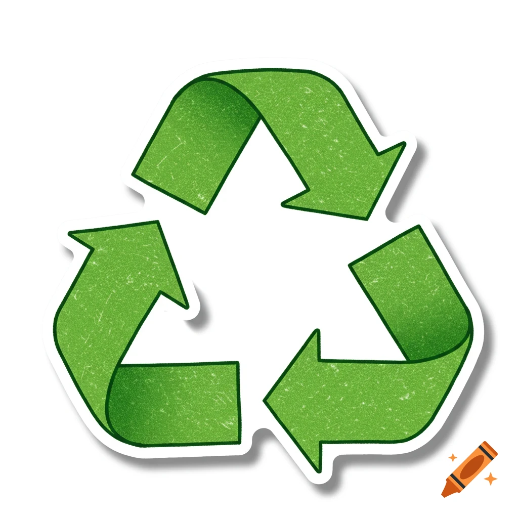 A green recycling symbol with a crayon texture, outlined like a sticker, on a white background.