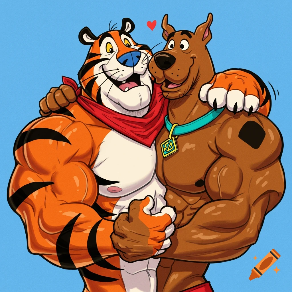 Cartoon of muscular Tony the Tiger and Scooby Doo hugging, with hearts floating above them.