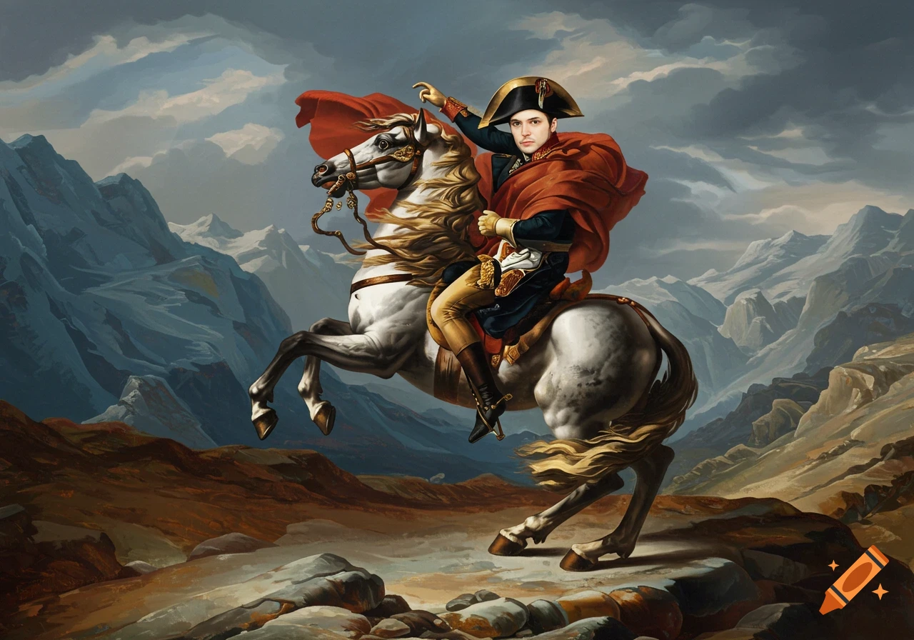 A person in a historical military uniform and bicorne hat rides a white rearing horse across a mountainous landscape in a classical painting style.