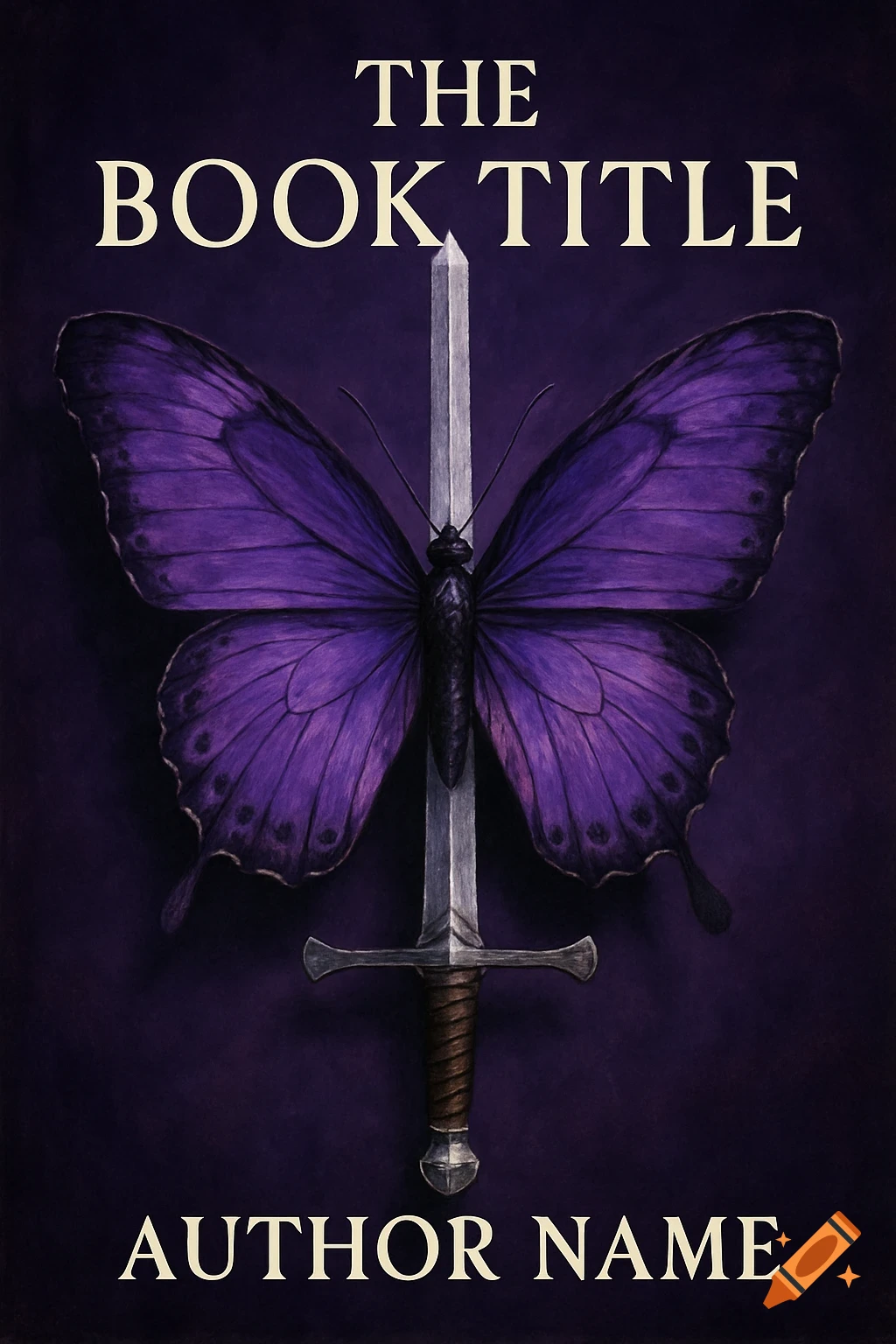 A book cover featuring a large purple butterfly impaled on a sword, set against a dark purple background with text.