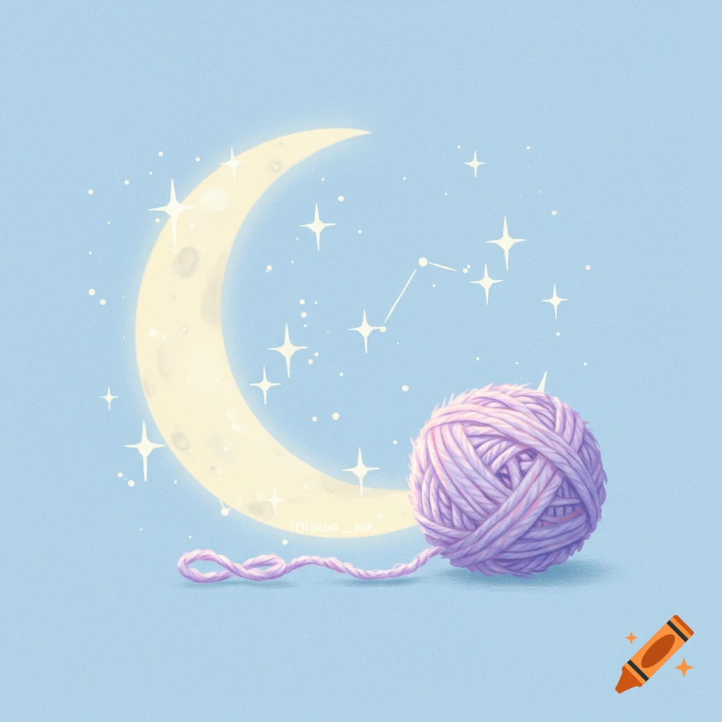 A whimsical digital illustration featuring a crescent moon with sparkling stars and a purple ball of yarn on a light blue background.