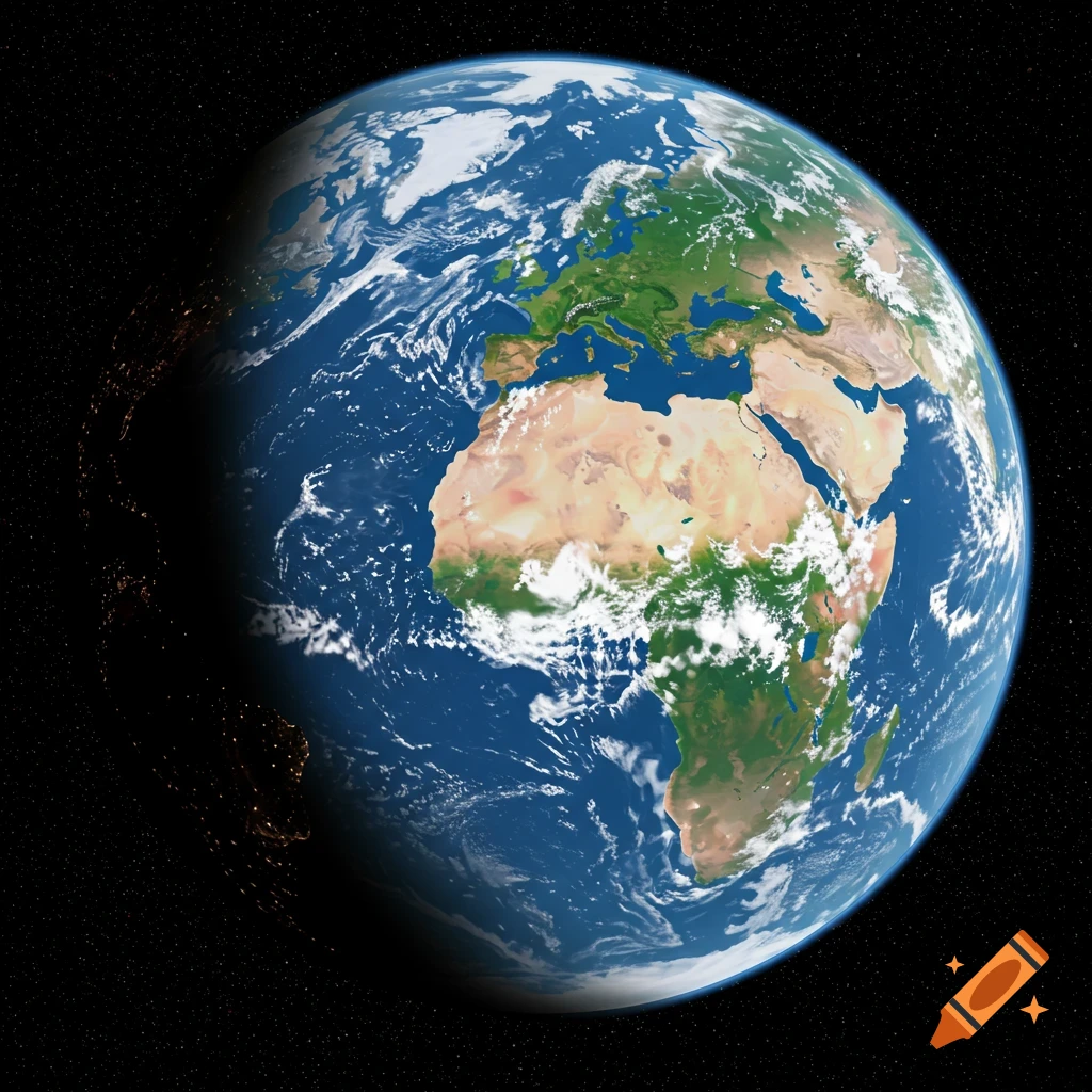 A photorealistic view of planet Earth from space, showing continents, clouds, and the day-night line.