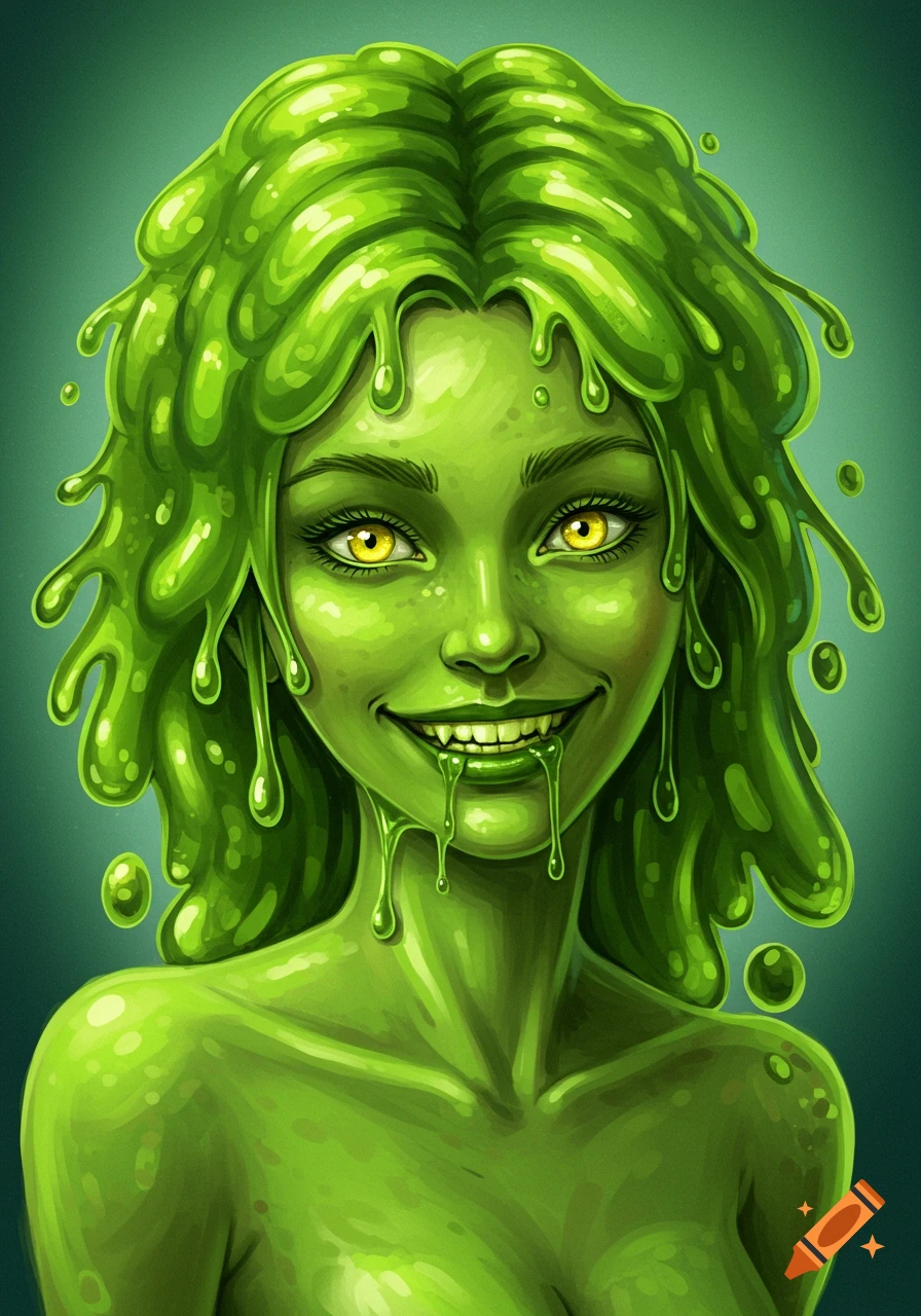 Close-up illustration of a green-skinned woman with yellow eyes, hair made of green slime, and slime dripping from her mouth, smiling to reveal jagged teeth.
