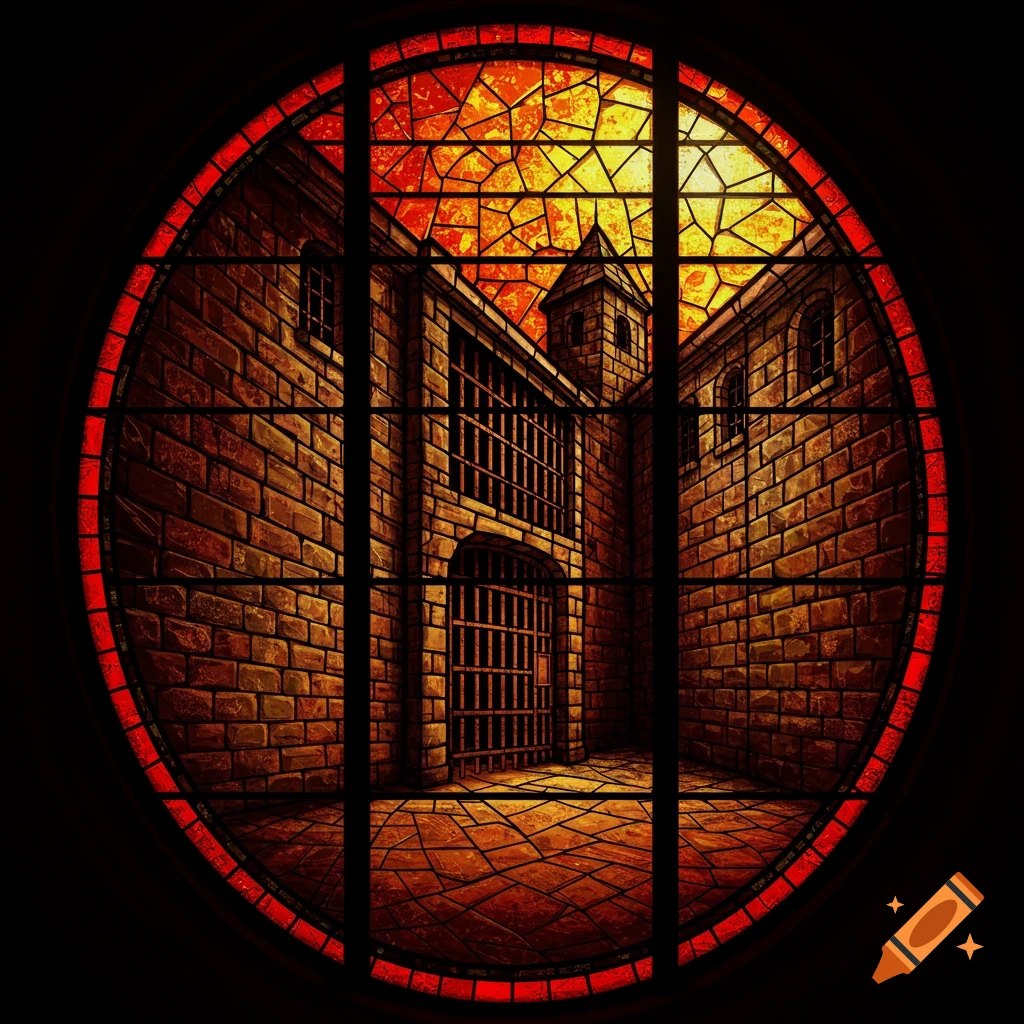 A circular stained glass window depicting a prison courtyard with brick walls and barred windows under a fiery orange and yellow sky.