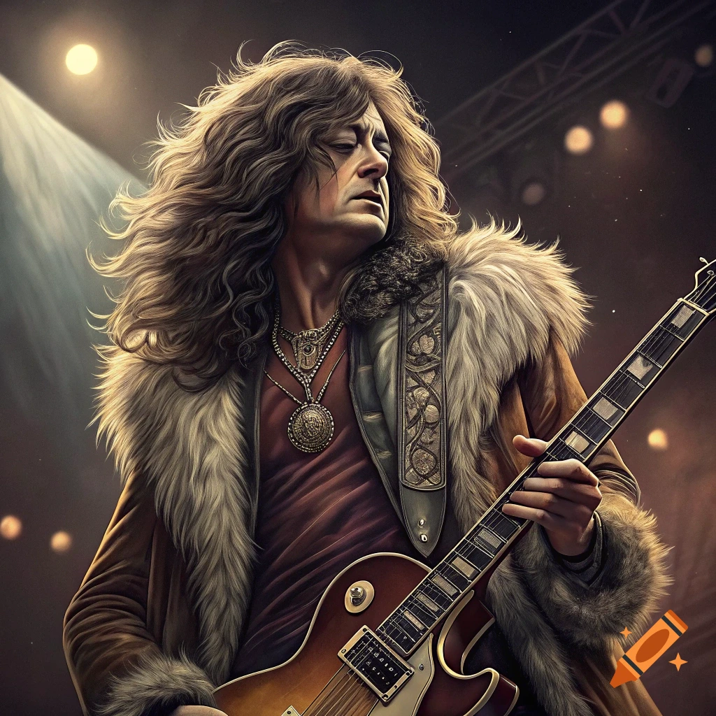 Photorealistic image of a long-haired musician in a fur-collared coat playing an electric guitar on a dimly lit stage.