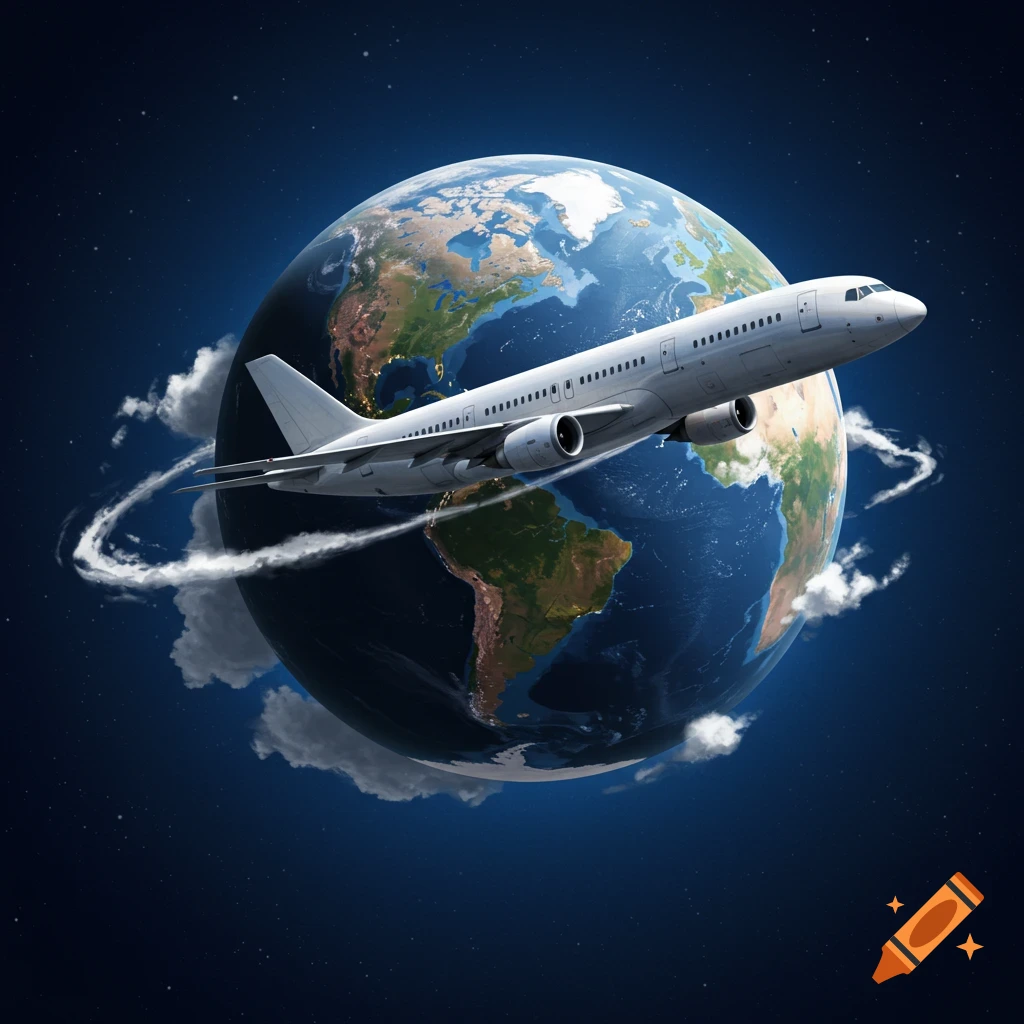 A white jet plane flies around a detailed Earth globe against a dark, starry sky, leaving a white contrail.