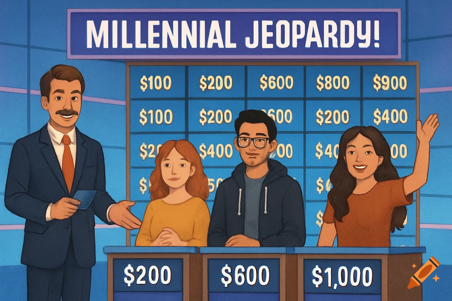 An illustration of a game show resembling Jeopardy! with a host and three contestants in front of a board displaying "MILLENNIAL JEOPARDY!" and dollar amounts.