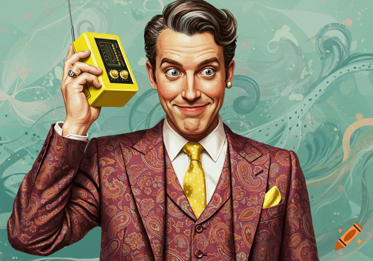 An illustrative portrait of a man in a patterned suit smiling widely and holding a yellow radio to his ear.