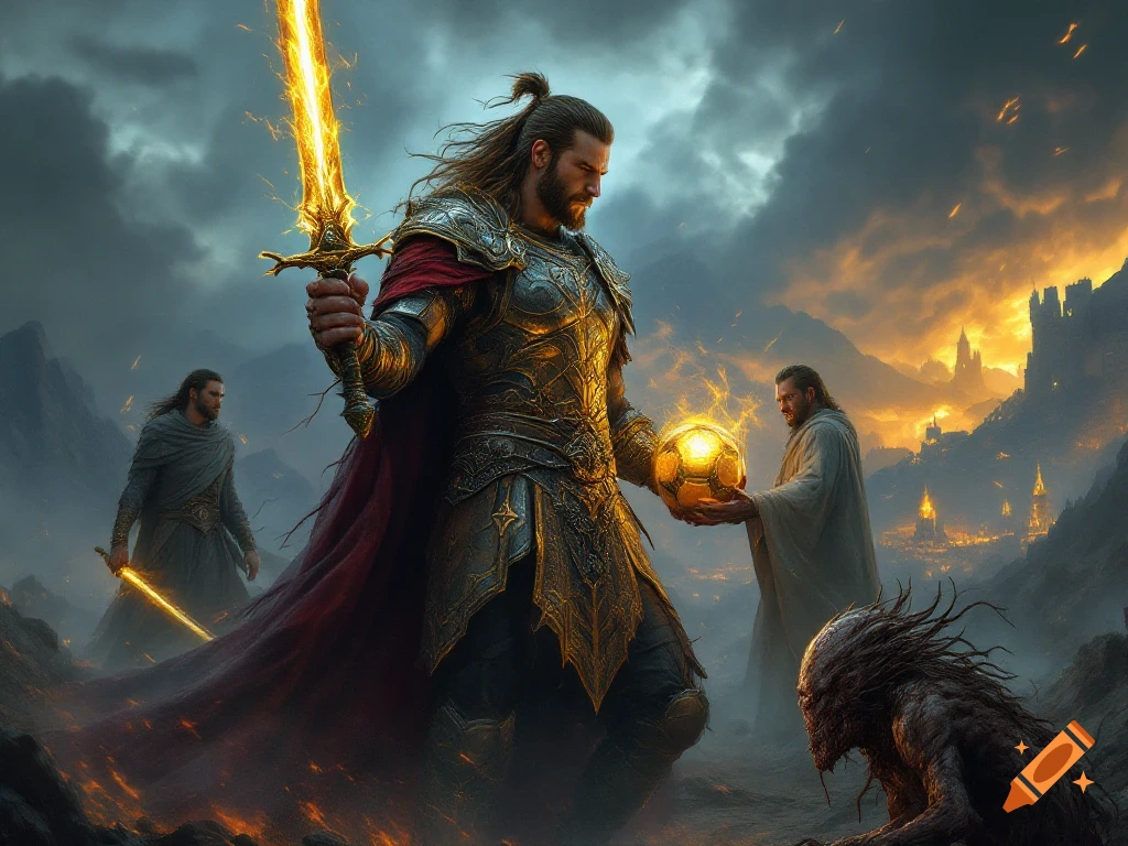 Warrior king in ornate armor with glowing sword, a man holding a glowing golden ball, and a creature in a dark, stormy fantasy landscape with distant glowing fortresses.