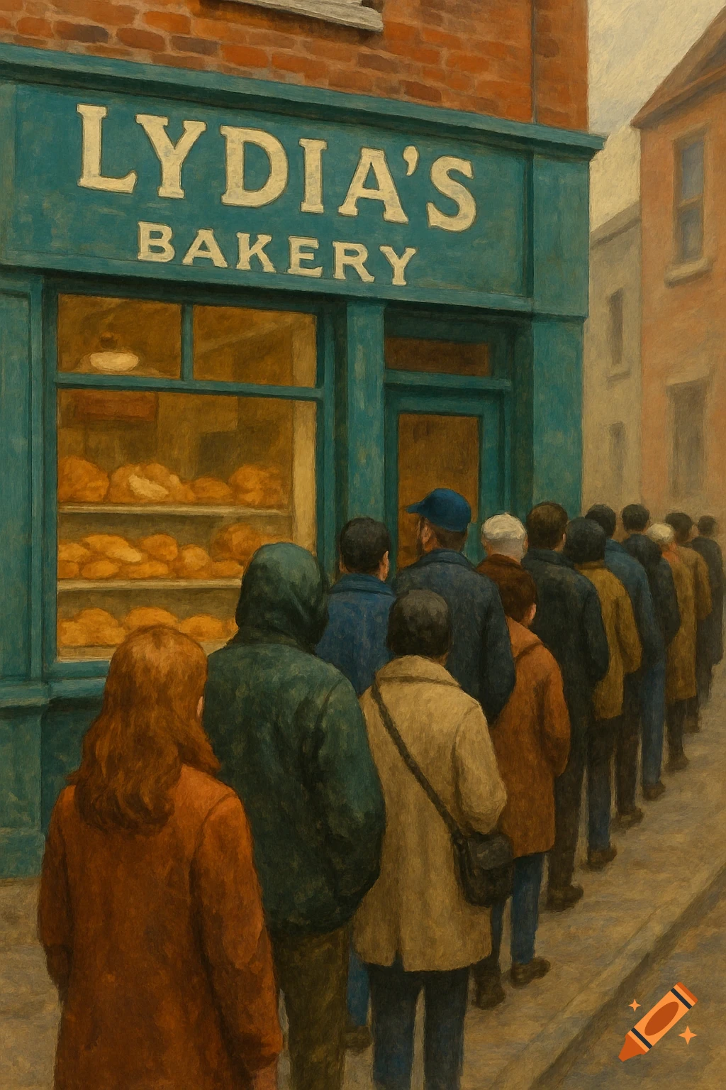 A long queue of people wait outside Lydia's Bakery, painted in a textured, illustrative style.