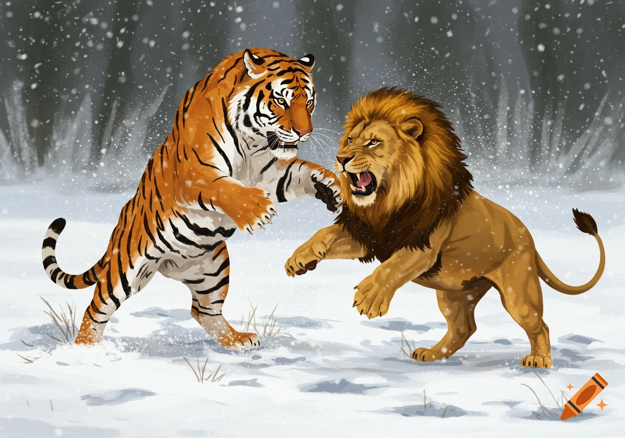 An illustration of a tiger and a lion battling in the snow, surrounded by snowflakes.