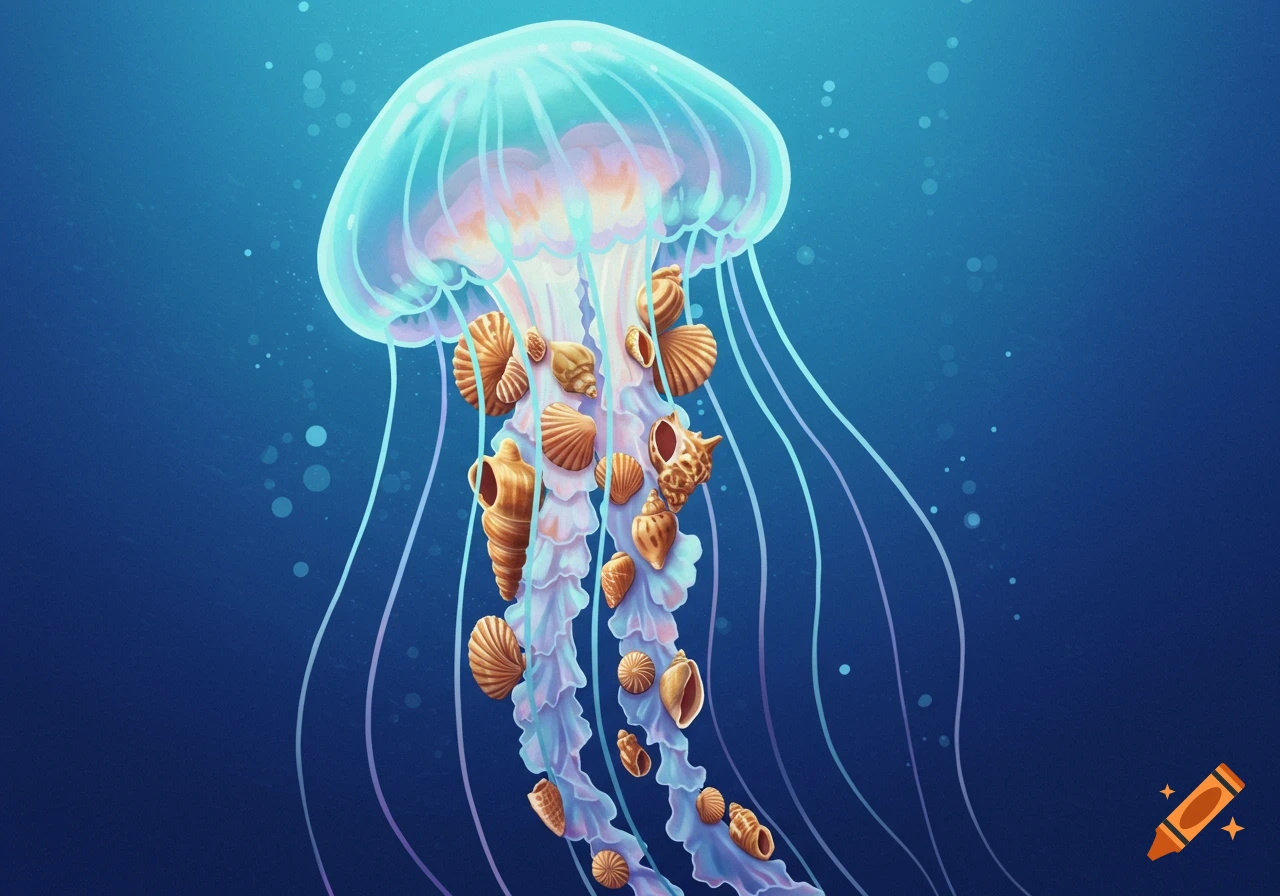 Illustration of a glowing blue jellyfish with seashells attached to its tentacles, in a deep blue ocean.
