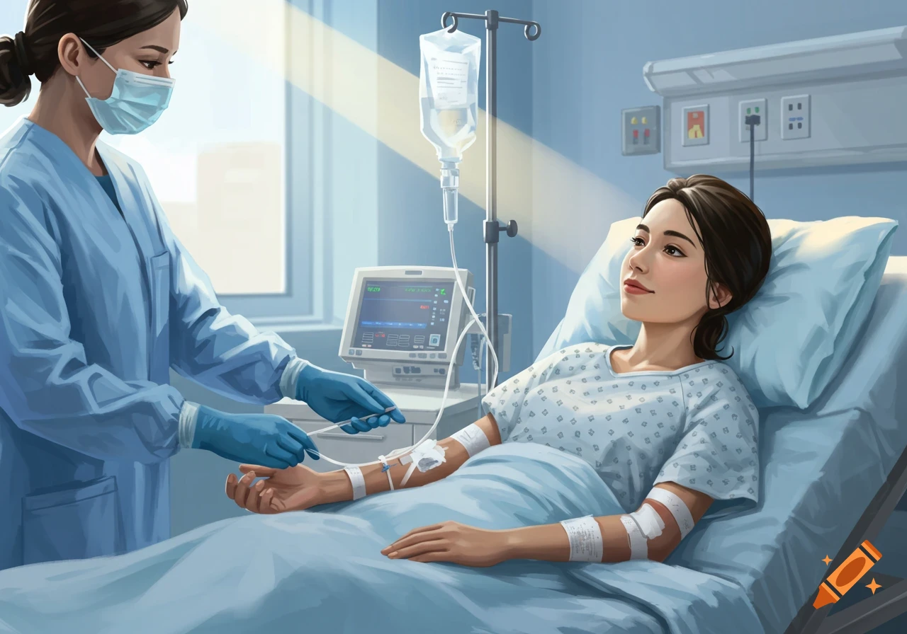 A nurse in a face mask and scrubs tends to a female patient lying in a hospital bed with an IV drip, in a realistically rendered hospital room.