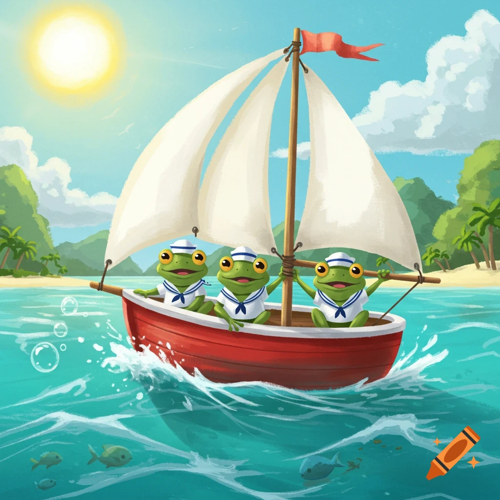 Three happy cartoon frogs wearing sailor outfits sail a red boat on a blue ocean near a tropical island under a bright sun.