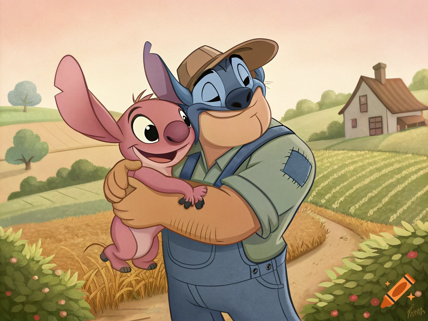 A large, blue cartoon farmer character wearing a hat and overalls lovingly hugs a smaller, pink four-armed alien character resembling Stitch. They are in a sunny farm setting with fields and a farmhouse in the background.