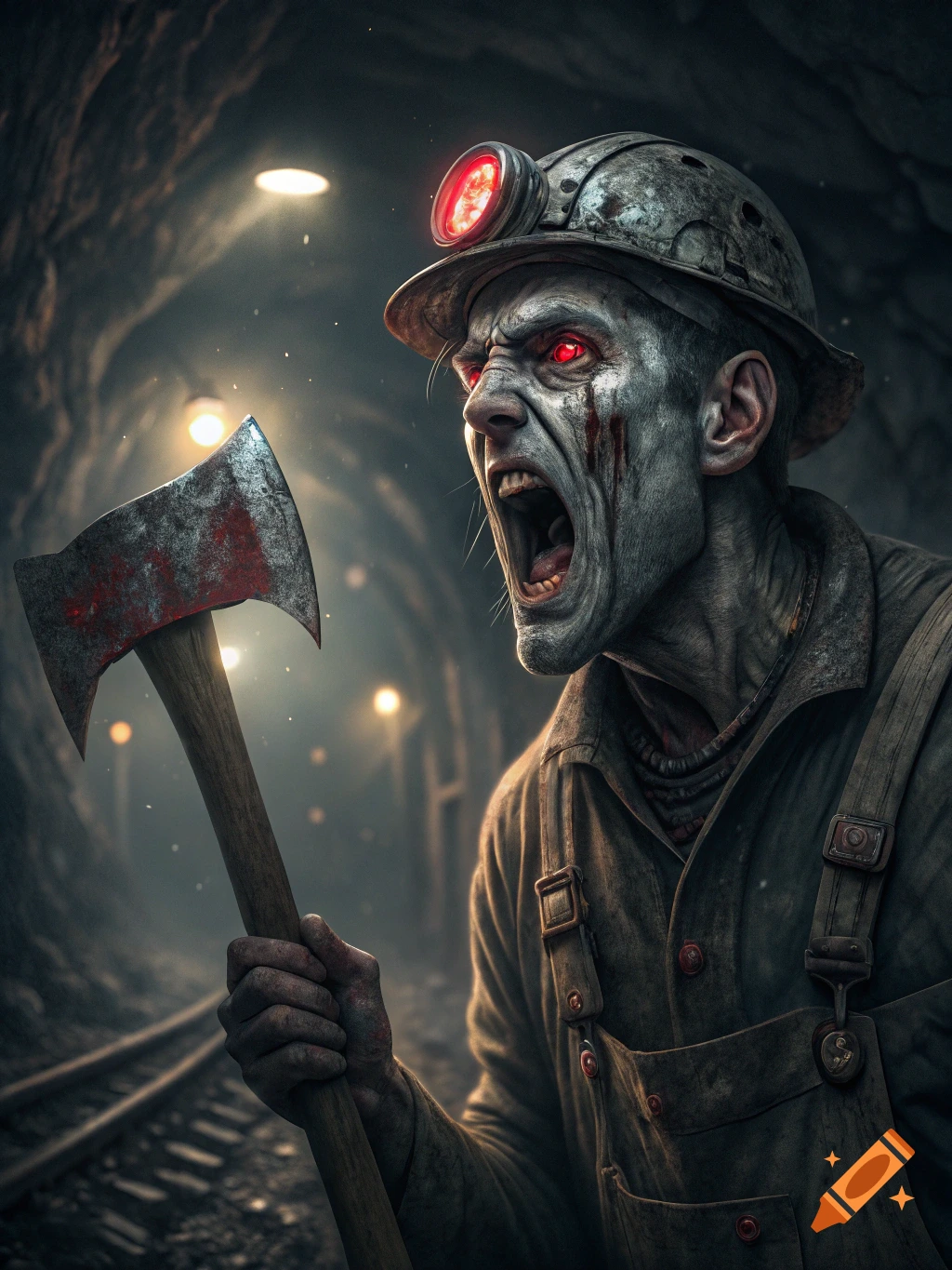 A screaming, pale-skinned coal miner with glowing red eyes holds a bloody axe in a dark mine tunnel.