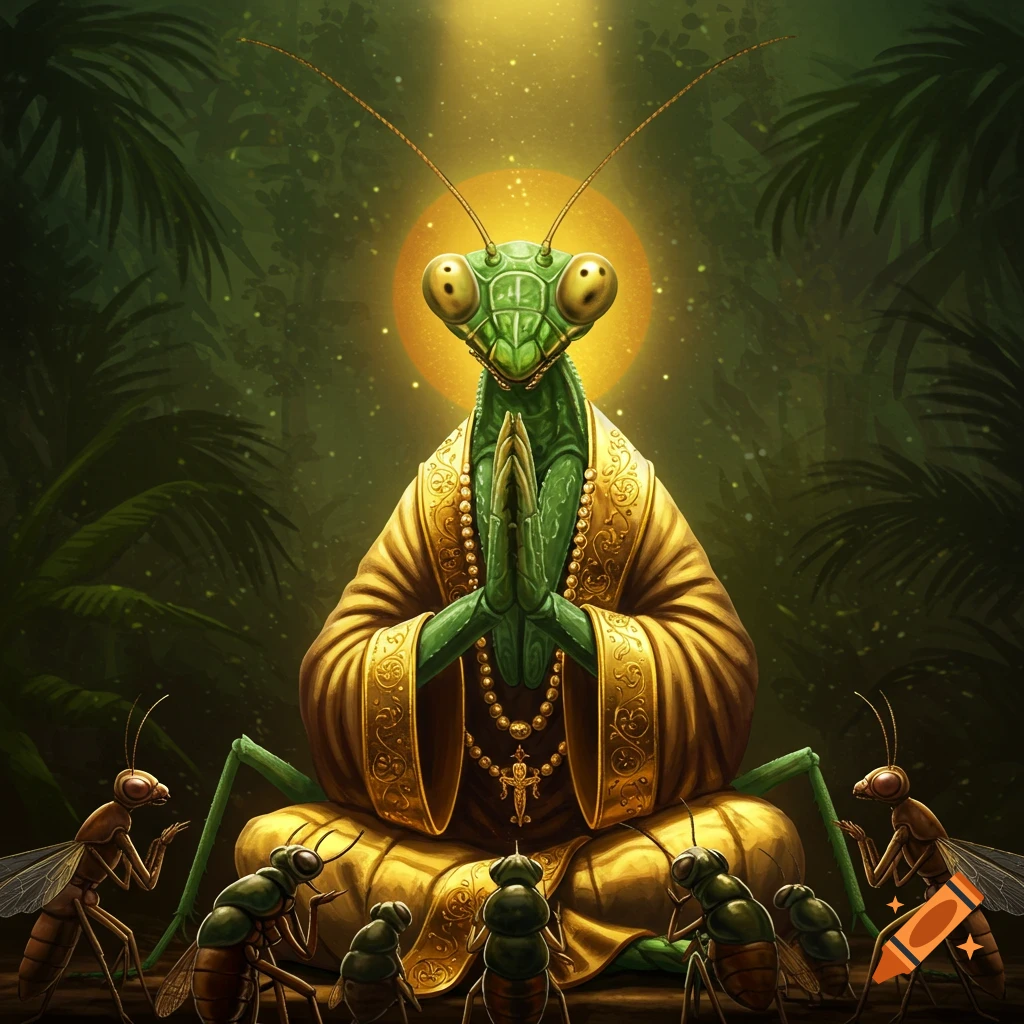 A large, green praying mantis in golden robes sits in a meditative pose with a halo, surrounded by smaller insects in a jungle.