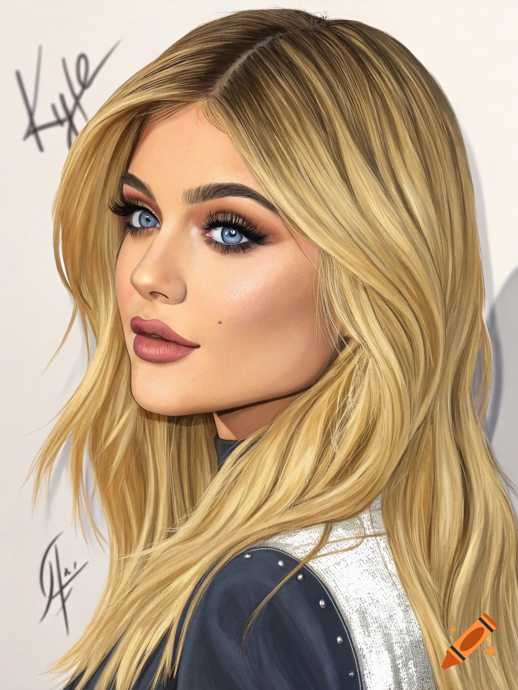 Digital painting of Kylie Jenner with long blonde hair and blue eyes, looking over her shoulder.