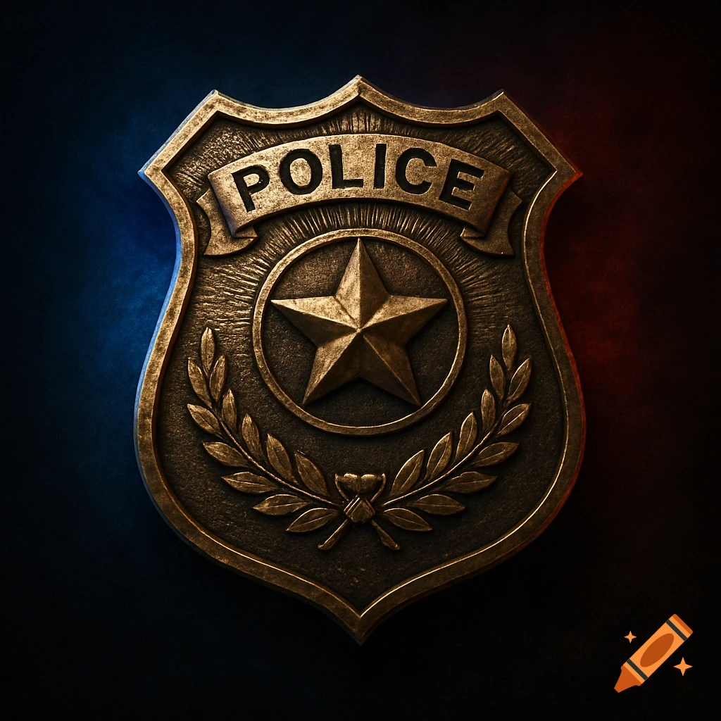 A photorealistic metallic police badge on a dark background with blue and red lighting.
